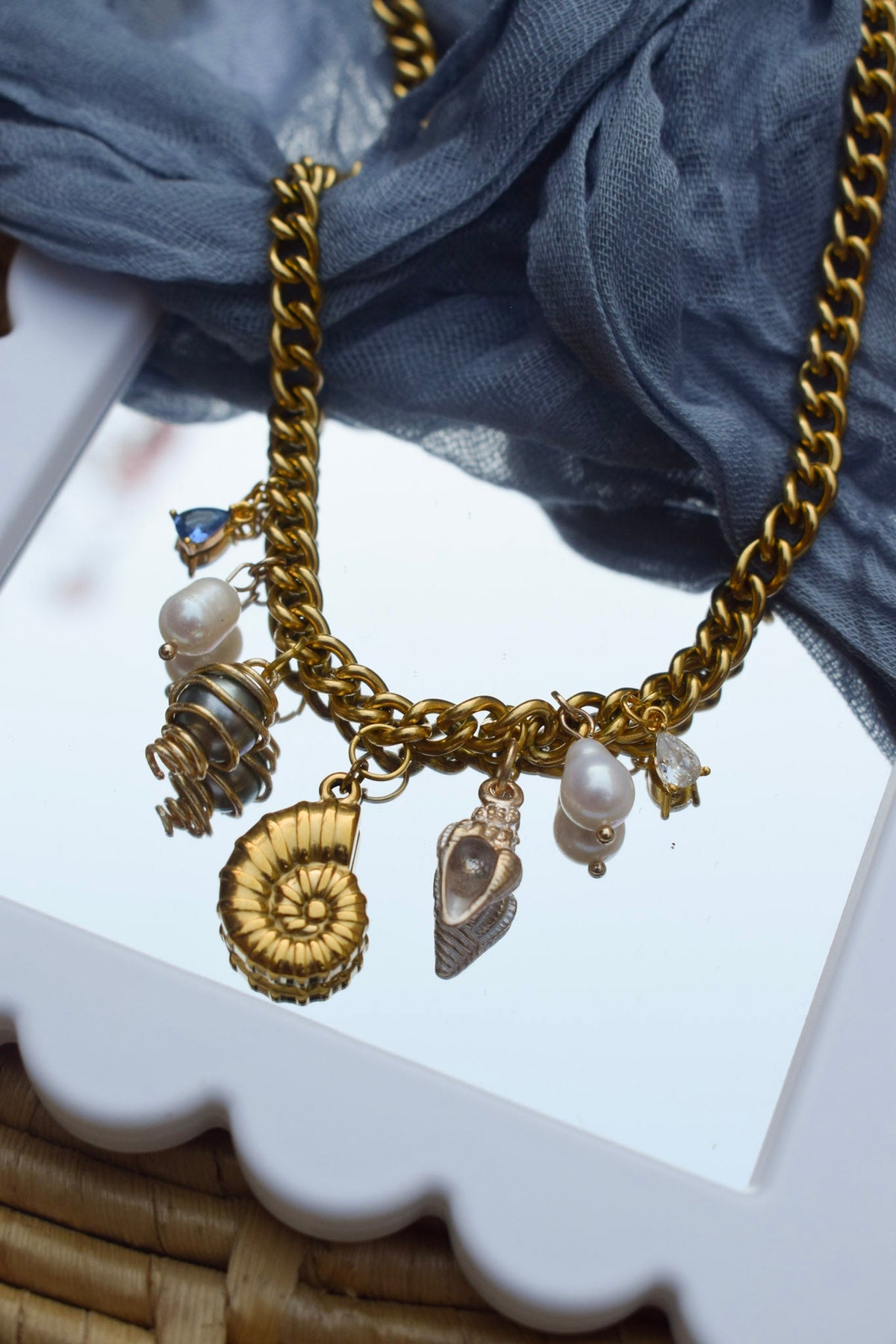 Santorini Summer Chunky Charmed Necklace On 18k Gold Chain | Siren's Call Birthday Collection